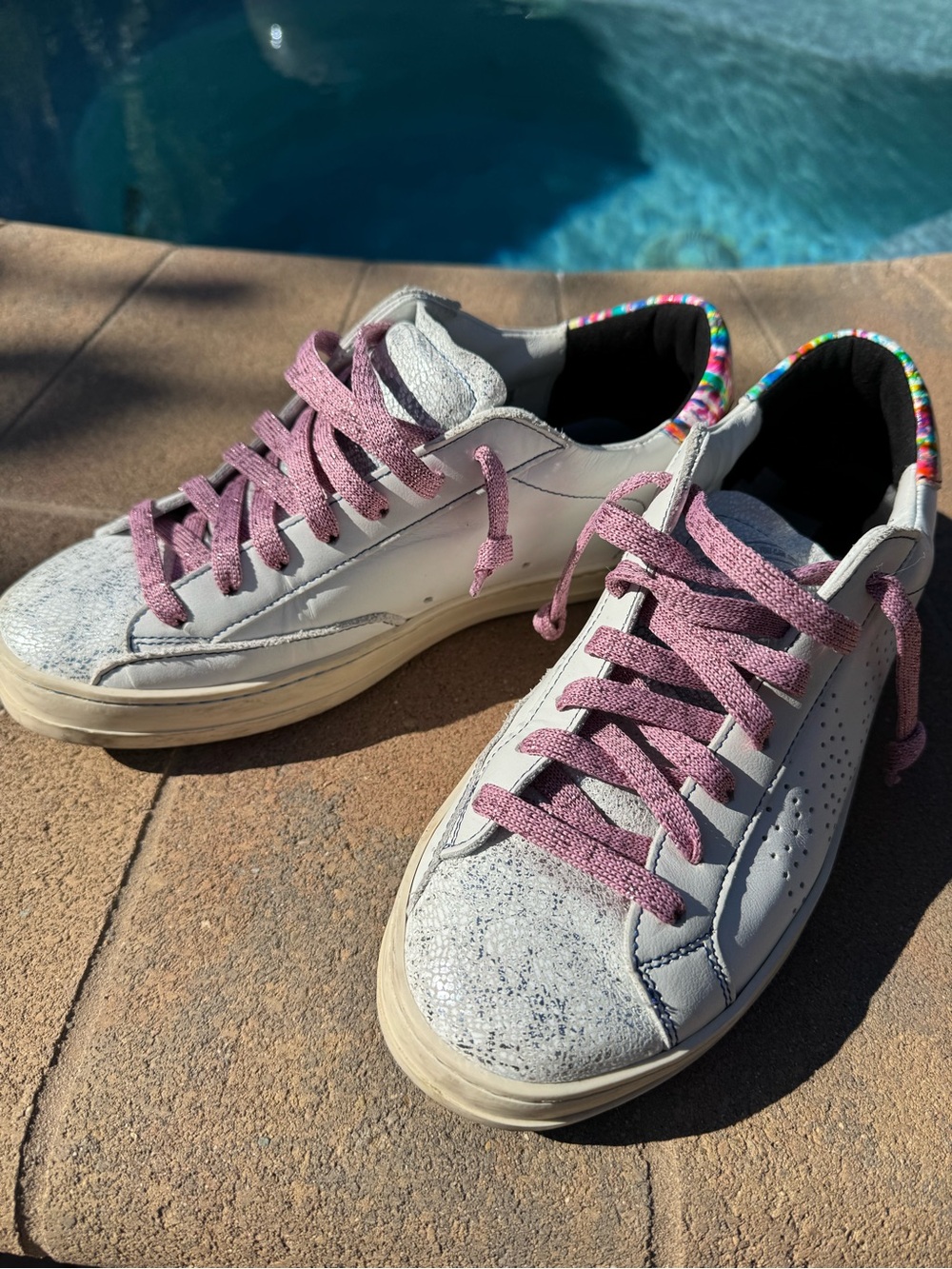 P448 Women's White Sneakers with Pink Laces and Rainbow Heel Trim